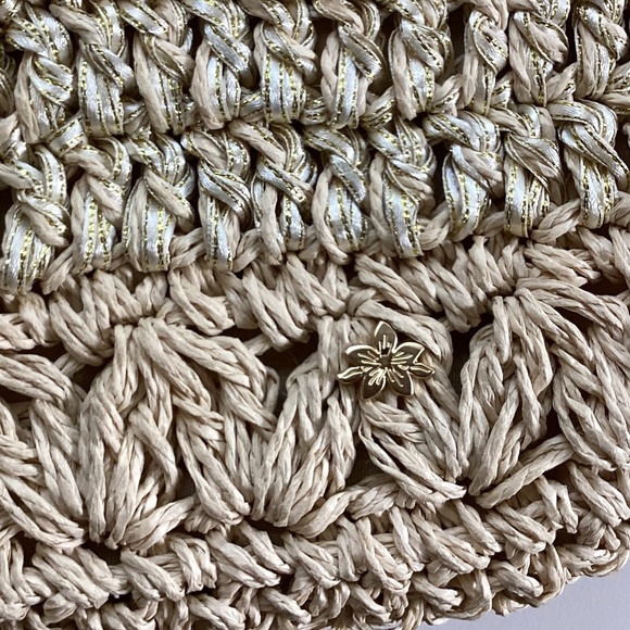 Cappelli Straworld Purse Handbag Round Beaded Jewel Handles Beige/Gold Lined - Picture 9 of 14